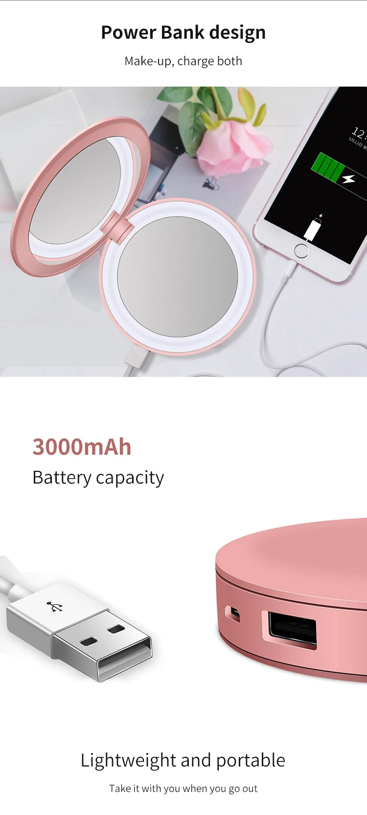 portable makeup mirror with built in power bank